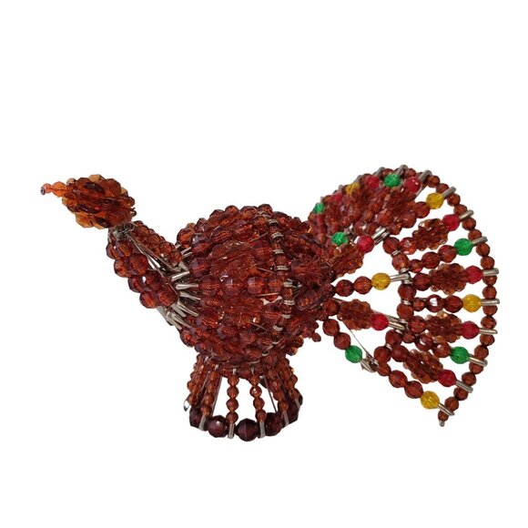 Handcrafted Beaded Turkey Figurine. Unique Beaded Decor Thanksgiving Centerpiece - Picture 3 of 7